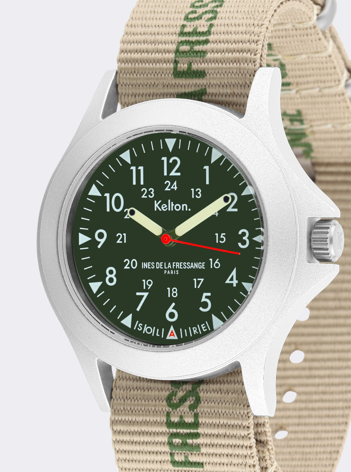 Image of Montre solaire cadran vert foncé, index blancs et logo Kelton, bracelet beige