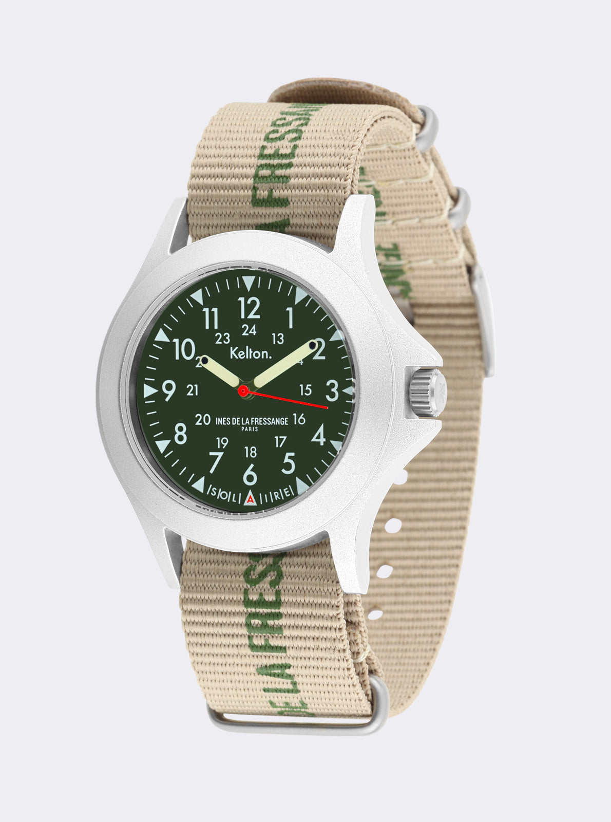 Image of Montre solaire cadran vert avec chiffres blancs, boîtier argenté, bracelet tissu beige