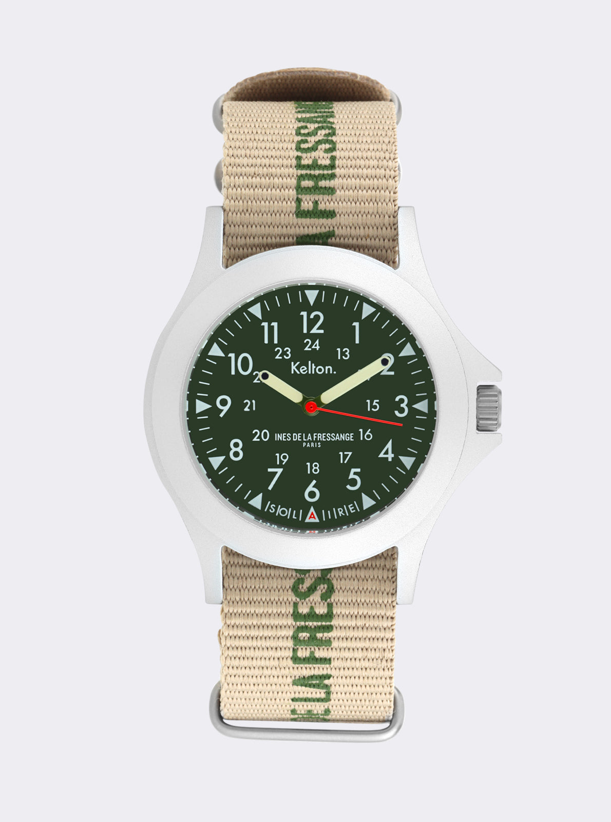 Image of Montre solaire à cadran vert, boîtier argenté, bracelet tissu beige rayé vert