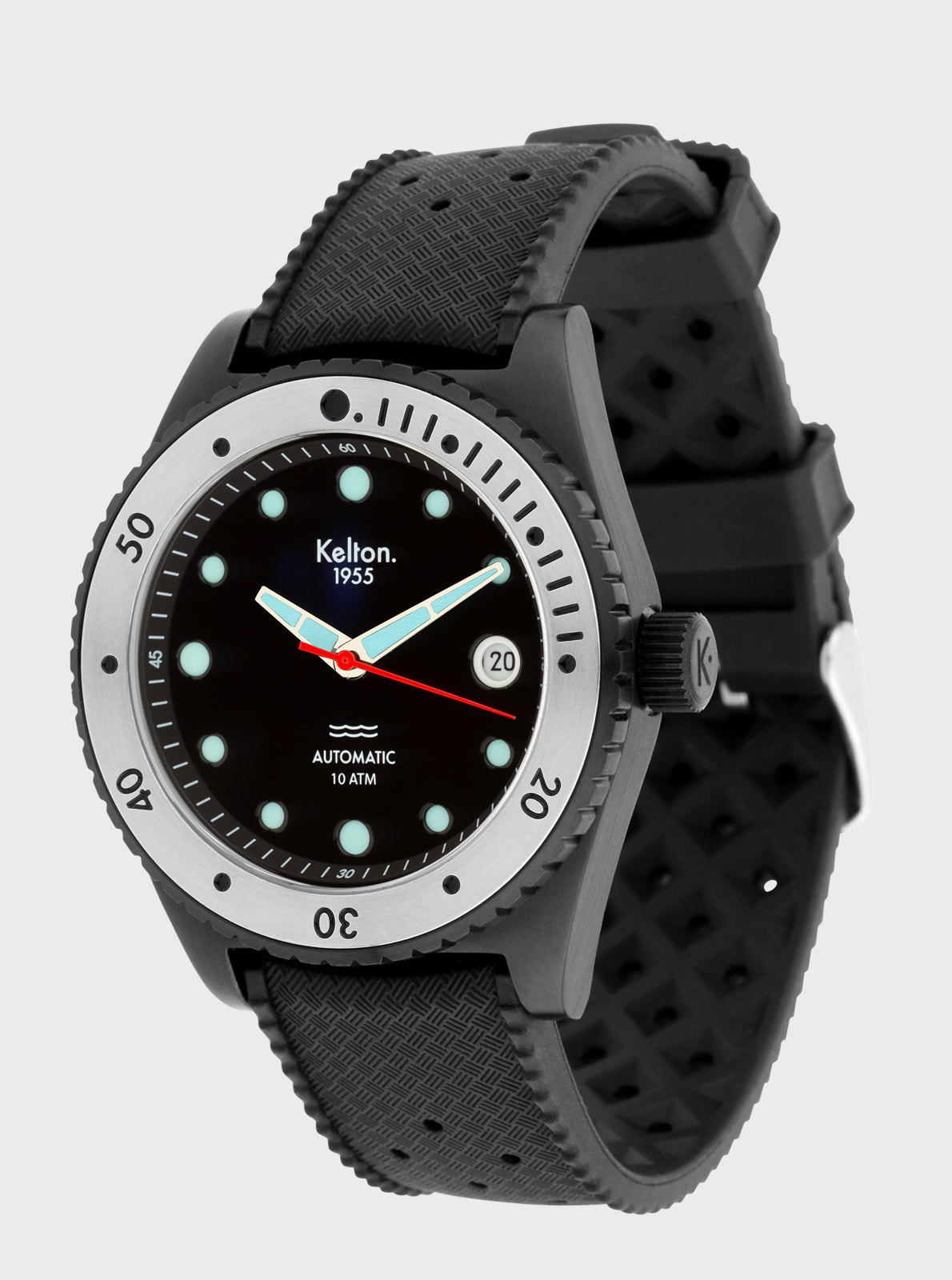 Image of Montre de plongée noire Kelton 1955, cadran vert, lunette et couronne latérale