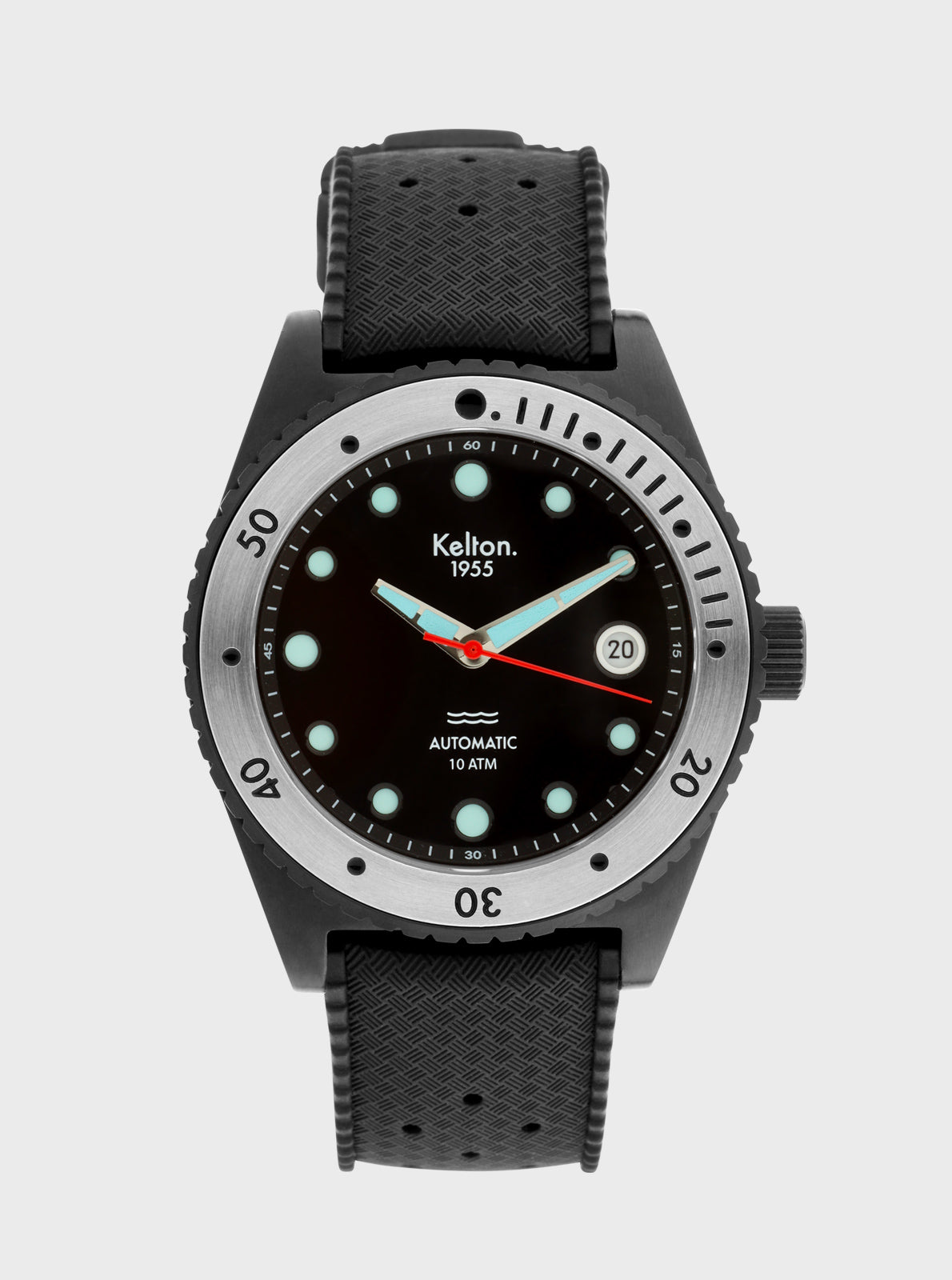 Image of Montre de plongée noire Kelton 1955, cadran vert luminescent, bracelet tissu
