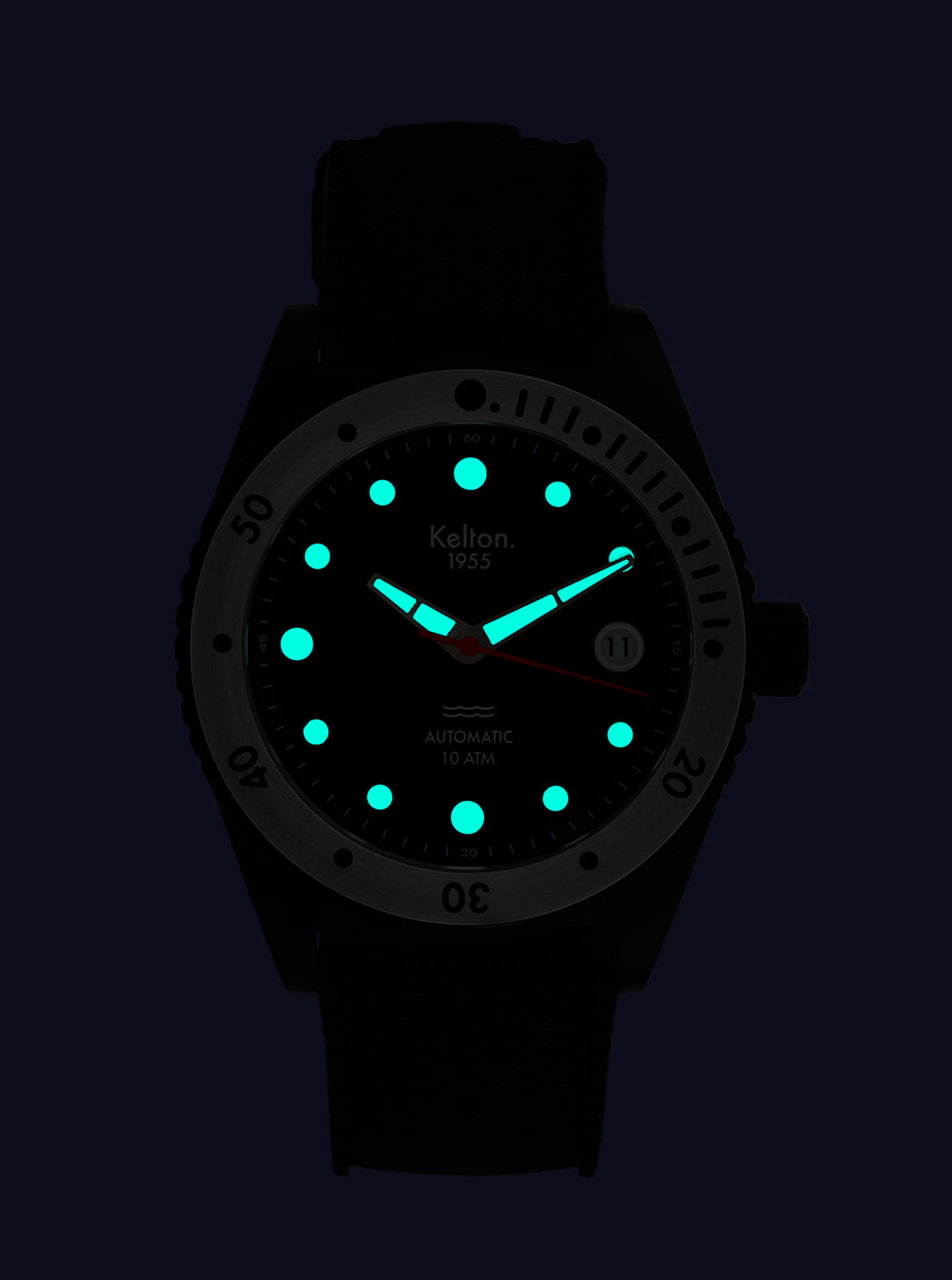 Image of Montre de plongée noire Kelton 1955, cadran luminescent bleu-vert, aiguilles