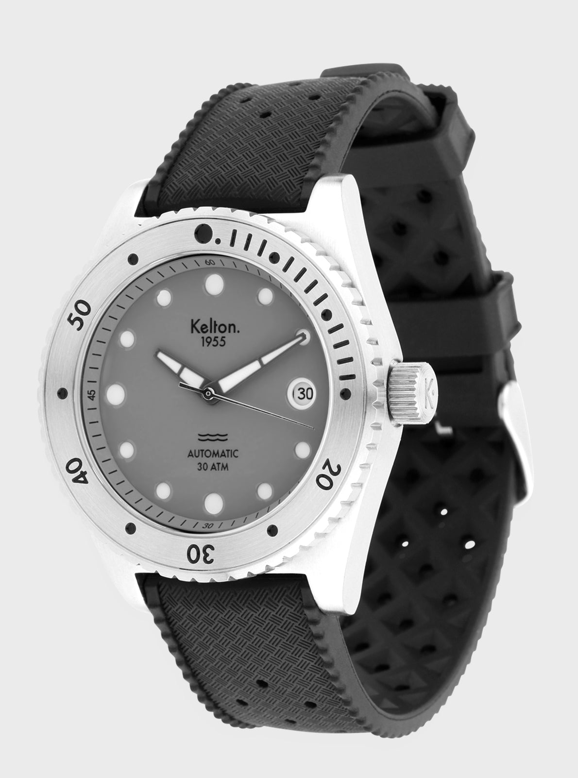 Image of Montre de plongée Kelton 1955, cadran gris avec couronne latérale, bracelet noir.