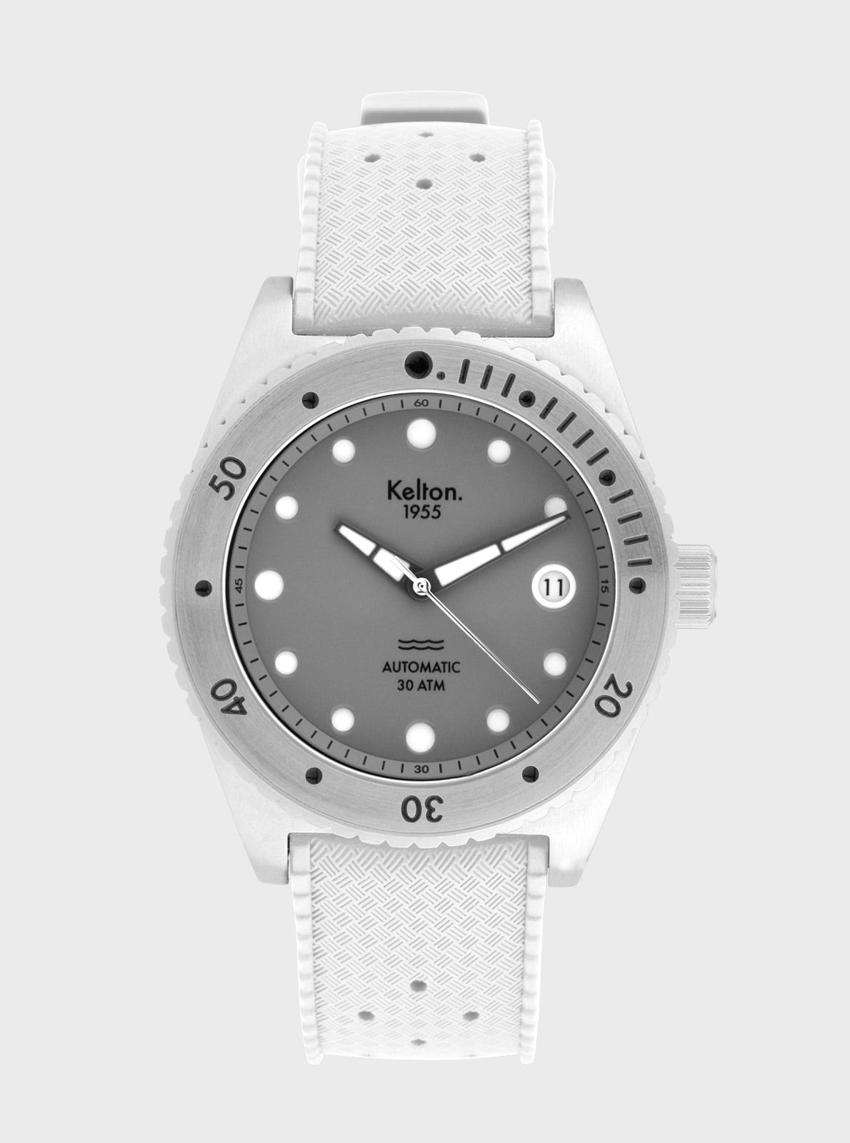 Image of Montre de plongée Kelton 1955, cadran gris et bracelet blanc texturé, boîtier acier.