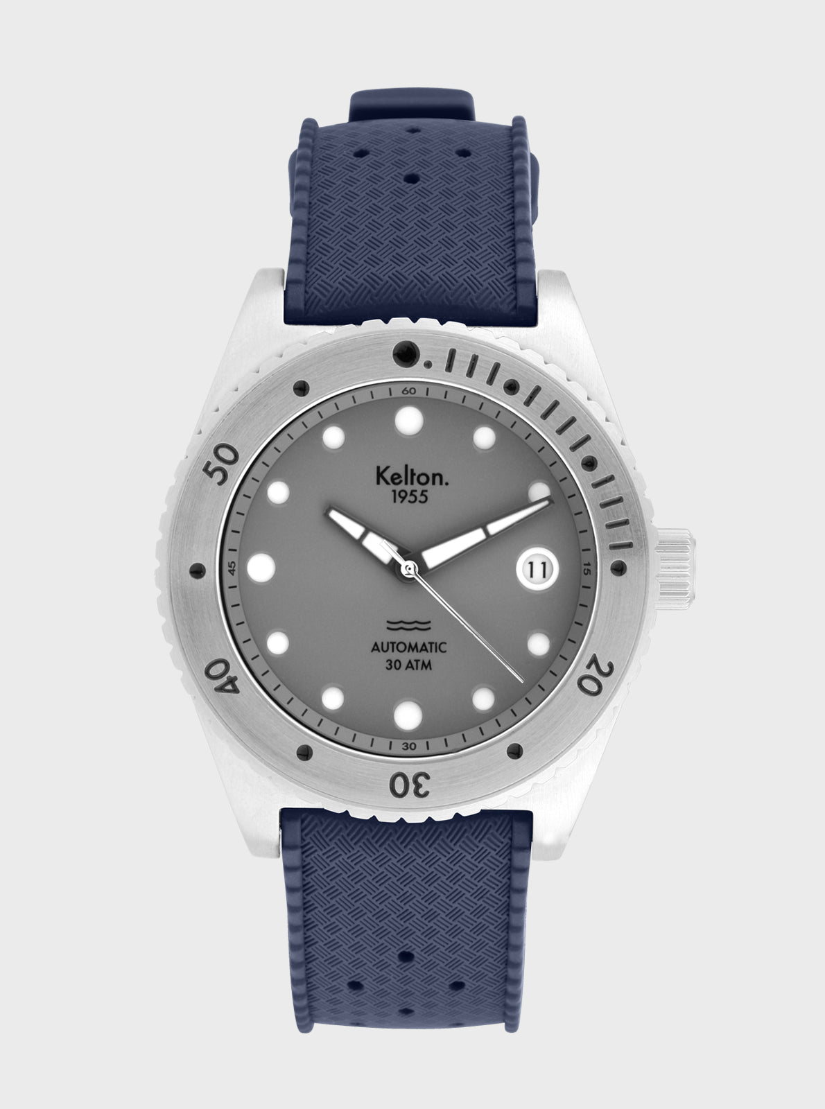 Image of Montre de plongée Kelton 1955, cadran gris et bracelet bleu marine, boîtier acier.