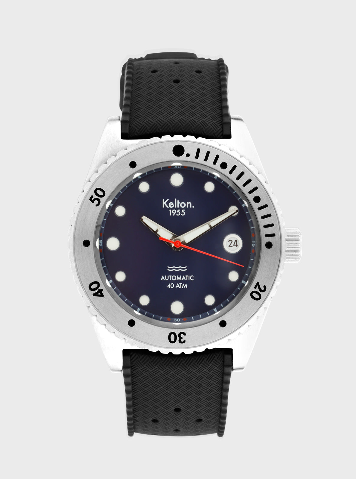 Image of Montre de plongée Kelton 1955, boîtier blanc, cadran bleu nuit, bracelet noir.
