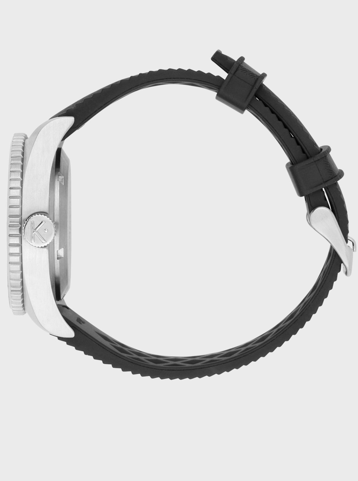 Image of Montre de plongée Kelton 1955, profil latéral, boîtier blanc et bracelet noir.