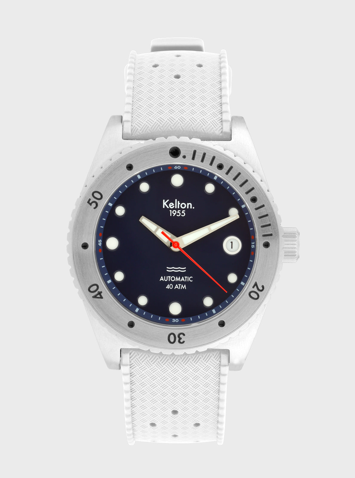 Image of Montre de plongée Kelton 1955, boîtier blanc, cadran bleu nuit, bracelet blanc.