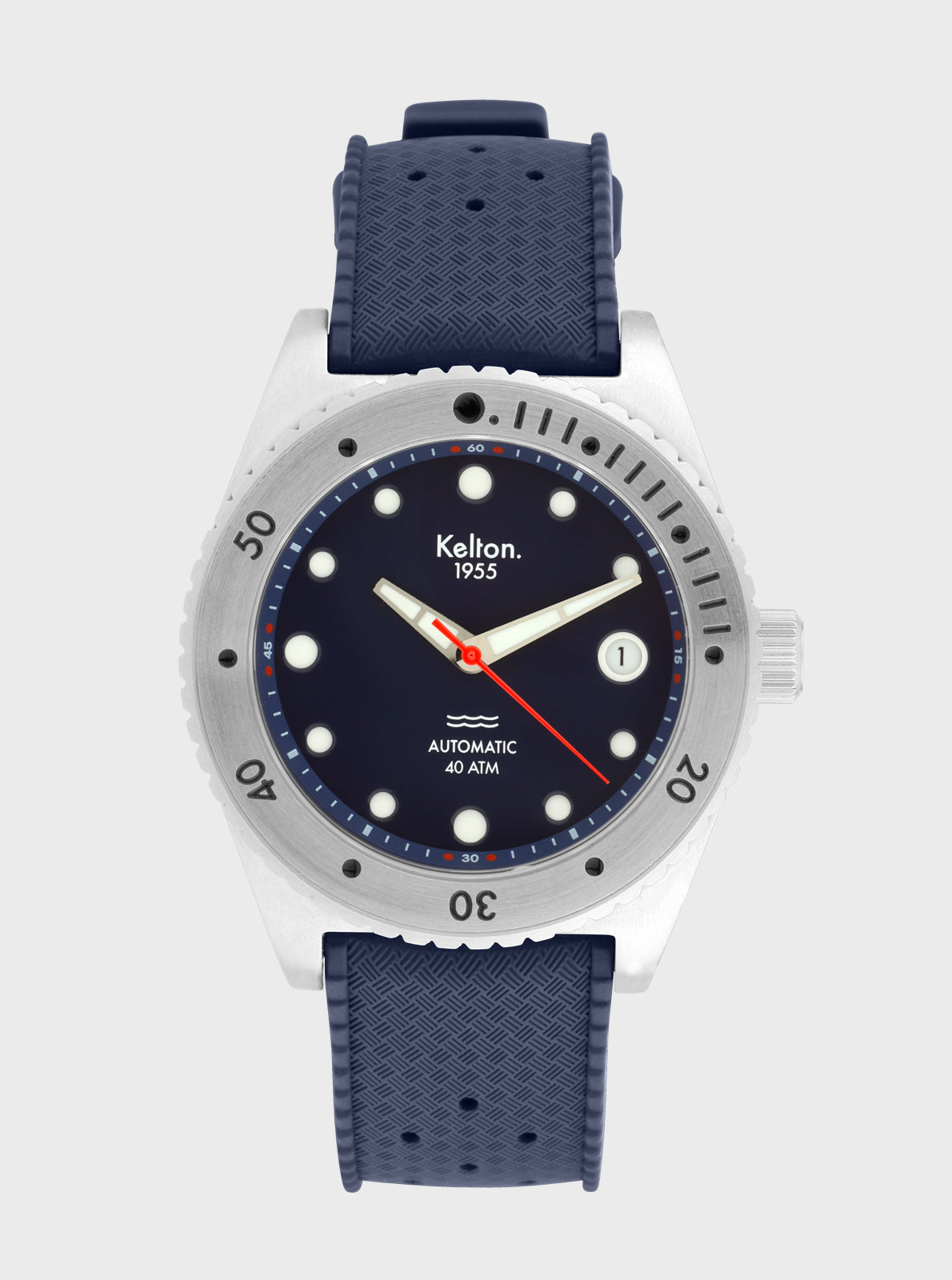 Image of Montre de plongée Kelton 1955, boîtier blanc, cadran bleu nuit, bracelet navy.