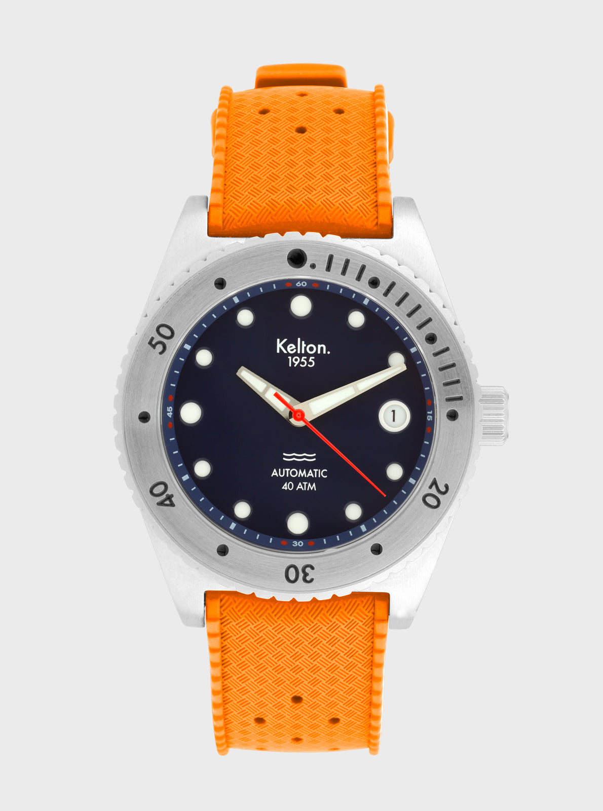Image of Montre de plongée Kelton 1955, boîtier blanc, cadran bleu nuit, bracelet orange.