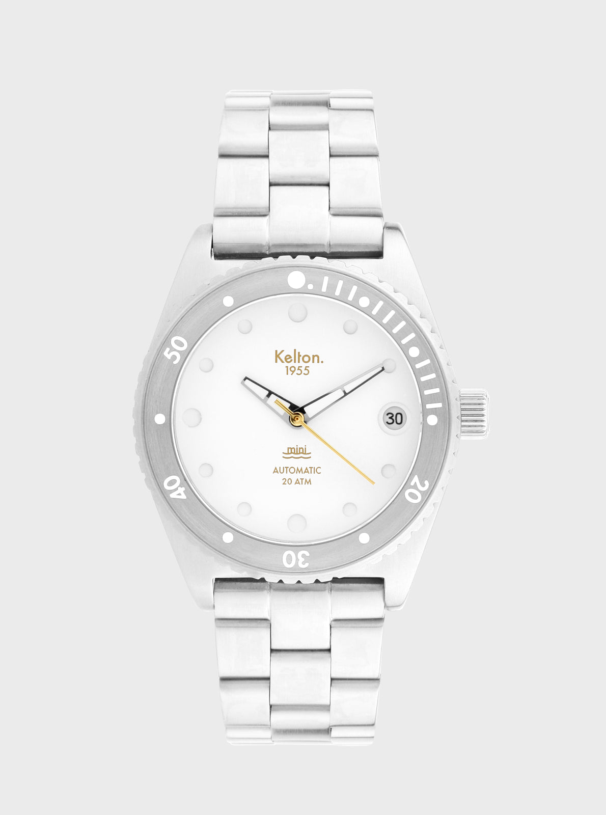 Image of Montre de plongée blanche Kelton 1955, cadran blanc, bracelet métal, lunette à index.