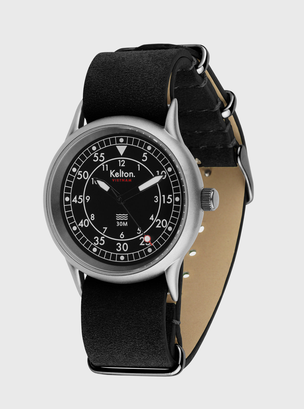 Image of Montre VTNM cadran noir, boîtier argent, bracelet cuir noir et second beige