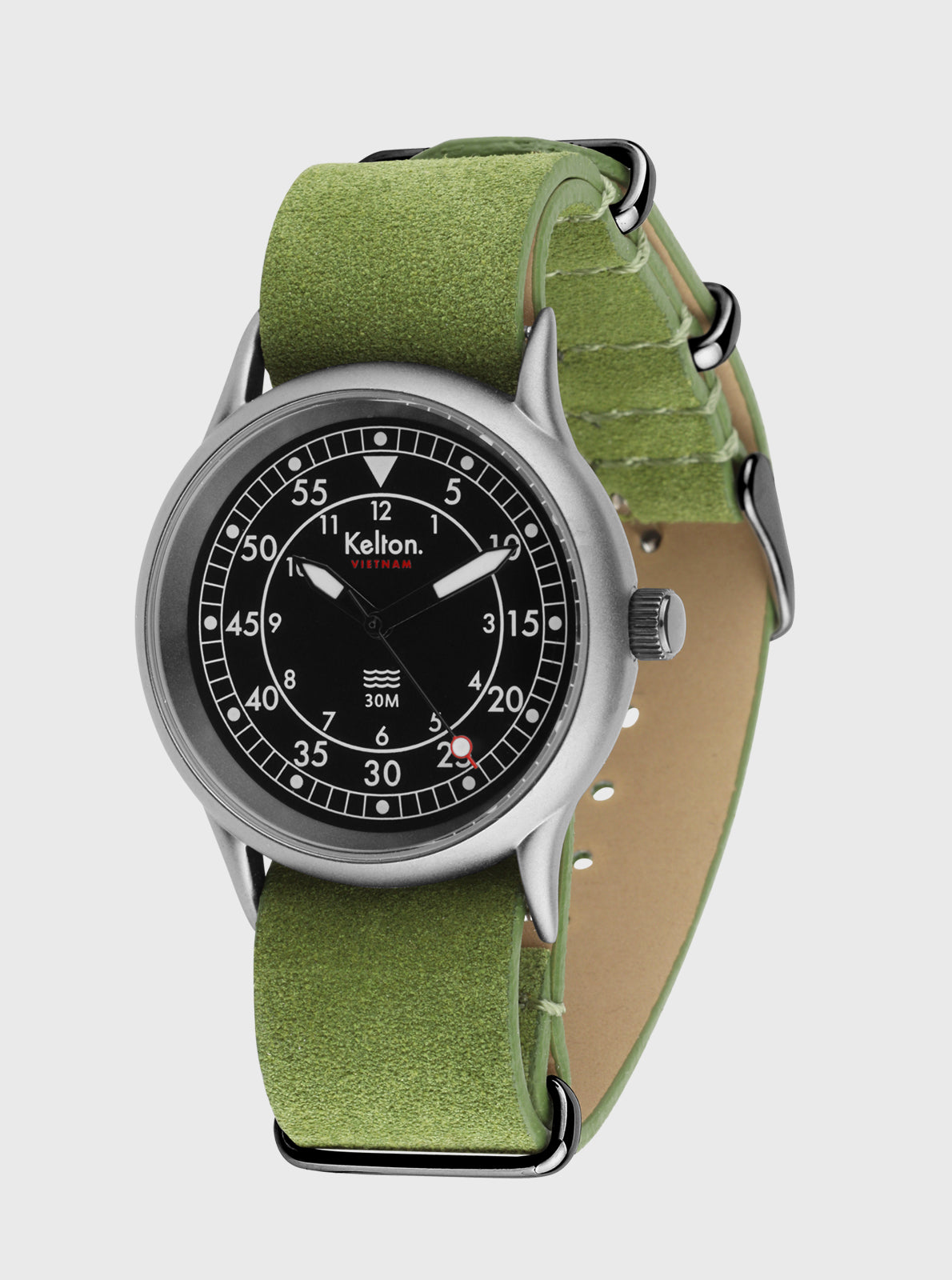Image of Montre VTNM cadran noir, boîtier argent, bracelet cuir vert et second beige