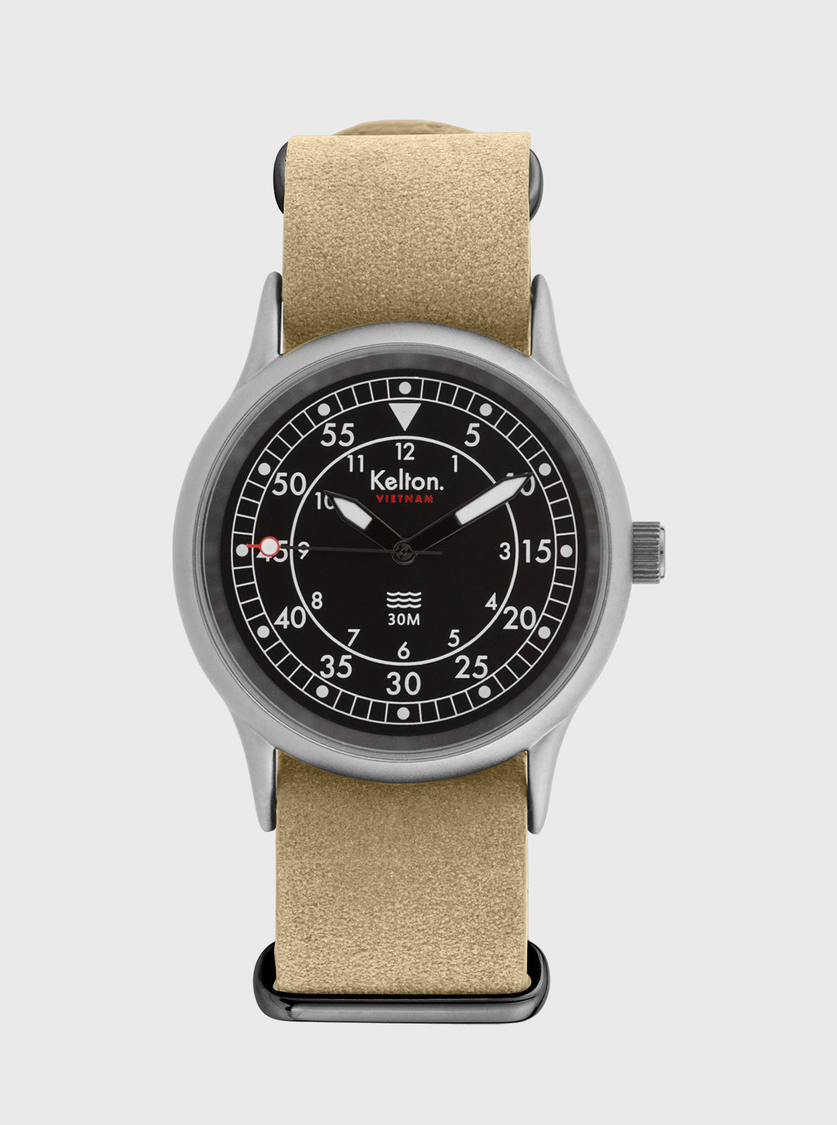 Image of Montre mécanique Kelton bracelet Nato sable, cadran noir à index.