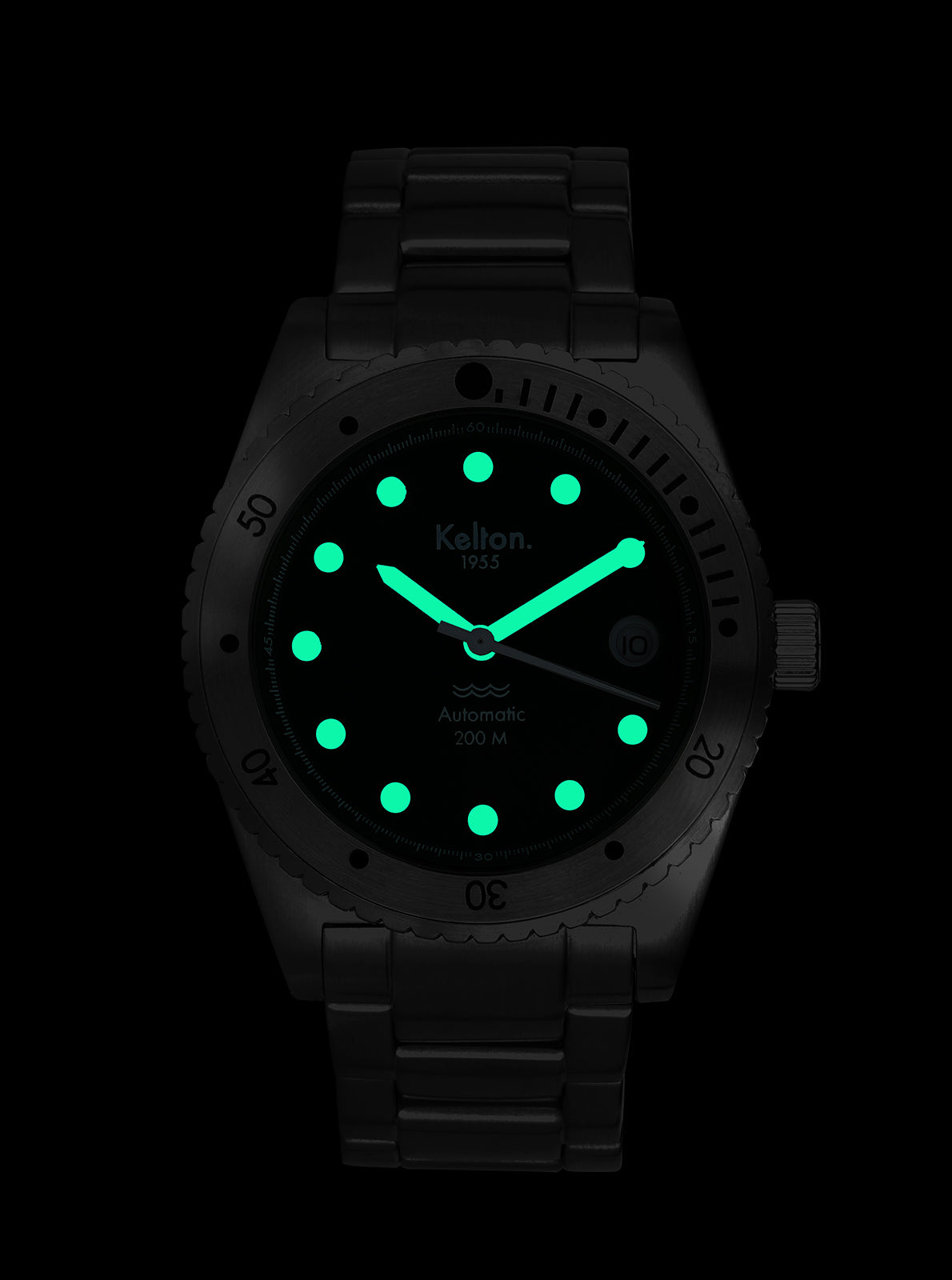 Image of Montre de plongée Kelton 1955 noire, cadran vert phosphorescent et lunette graduée