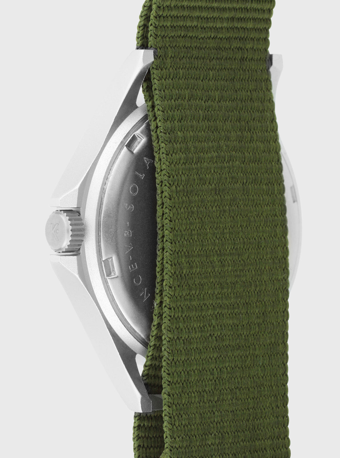 Image of Boîtier de montre Kelton blanc et bracelet Nato vert kaki, vue latérale