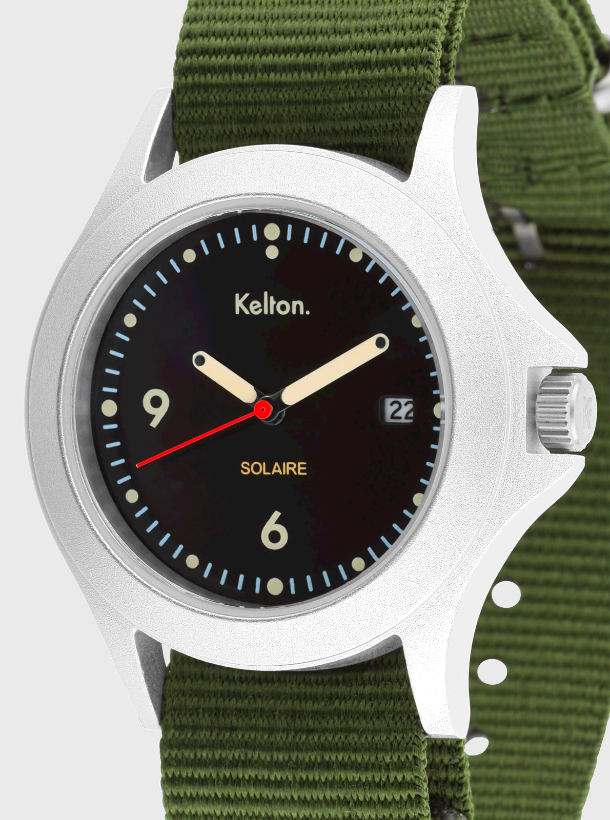 Image of Montre solaire Kelton, cadran noir avec aiguilles dorées et date 22