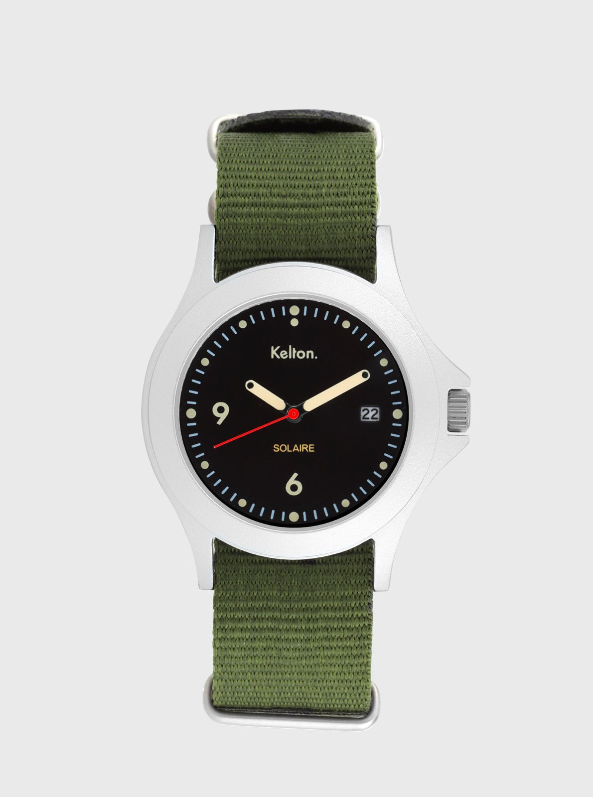 Image of Montre solaire Kelton, bracelet Nato vert kaki et cadran noir, repères 6 et 9