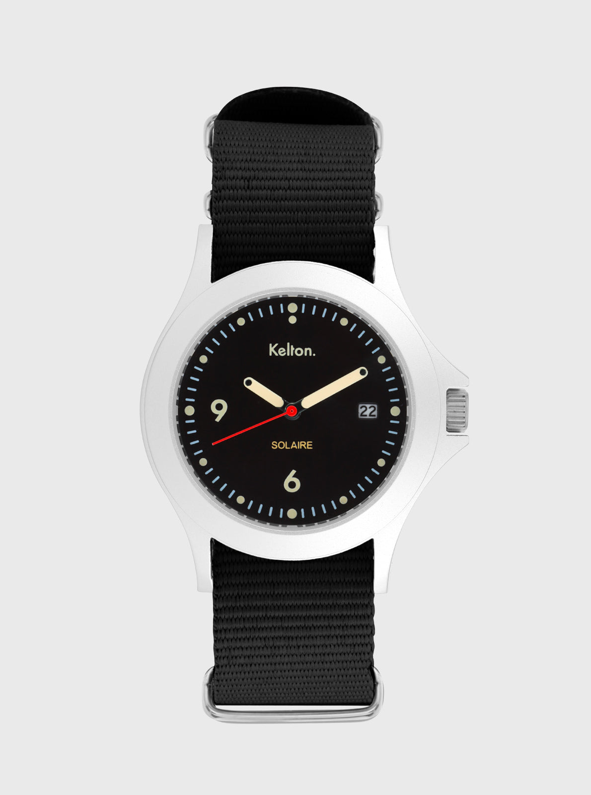 Image of Montre solaire Kelton, bracelet Nato noir et cadran noir, date 22