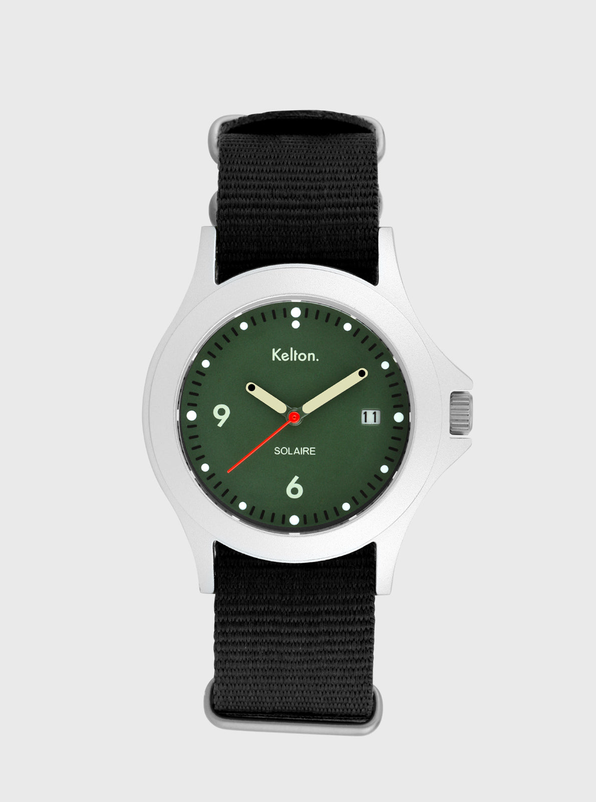 Image of Montre solaire Kelton avec bracelet NATO noir et cadran vert