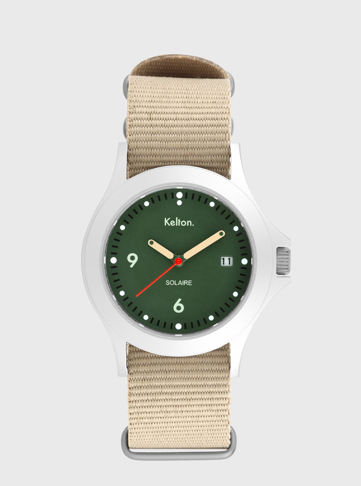 Image of Montre solaire Kelton avec bracelet NATO sable et cadran vert