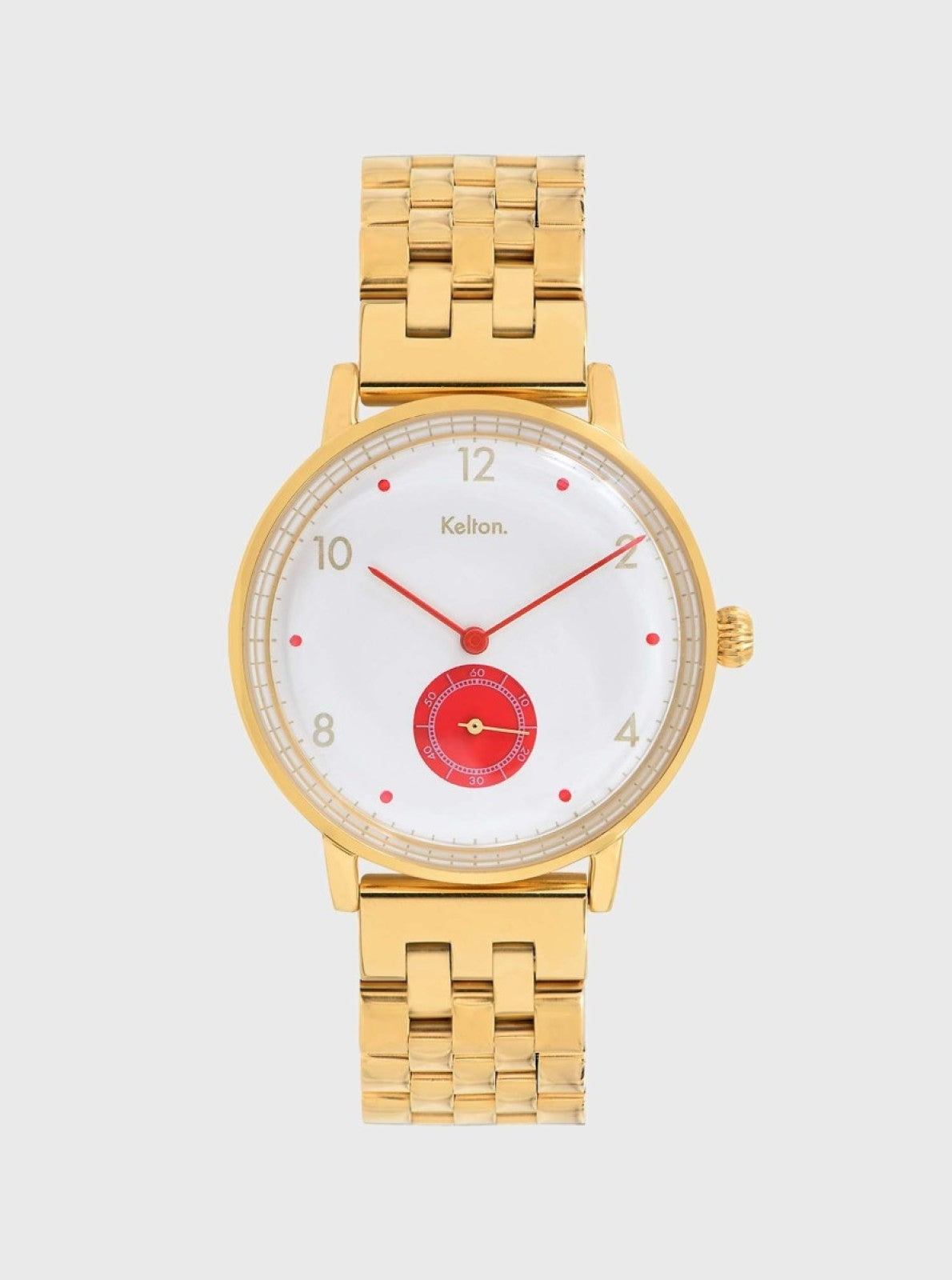 Image of Montre Villa dorée, cadran blanc et aiguilles rouges, bracelet maille.