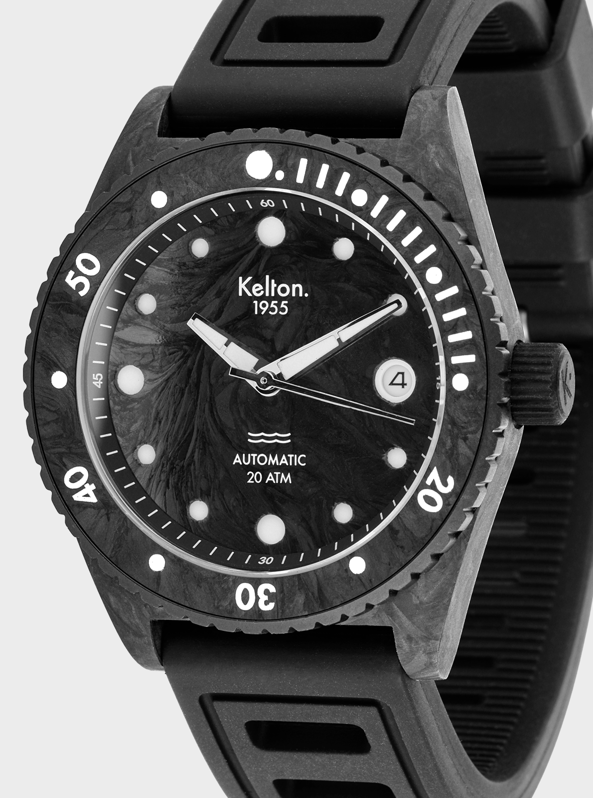 Close-up of Limited edition 1955 Carbone diving watch dial - 20 ATM - Isofrane strap