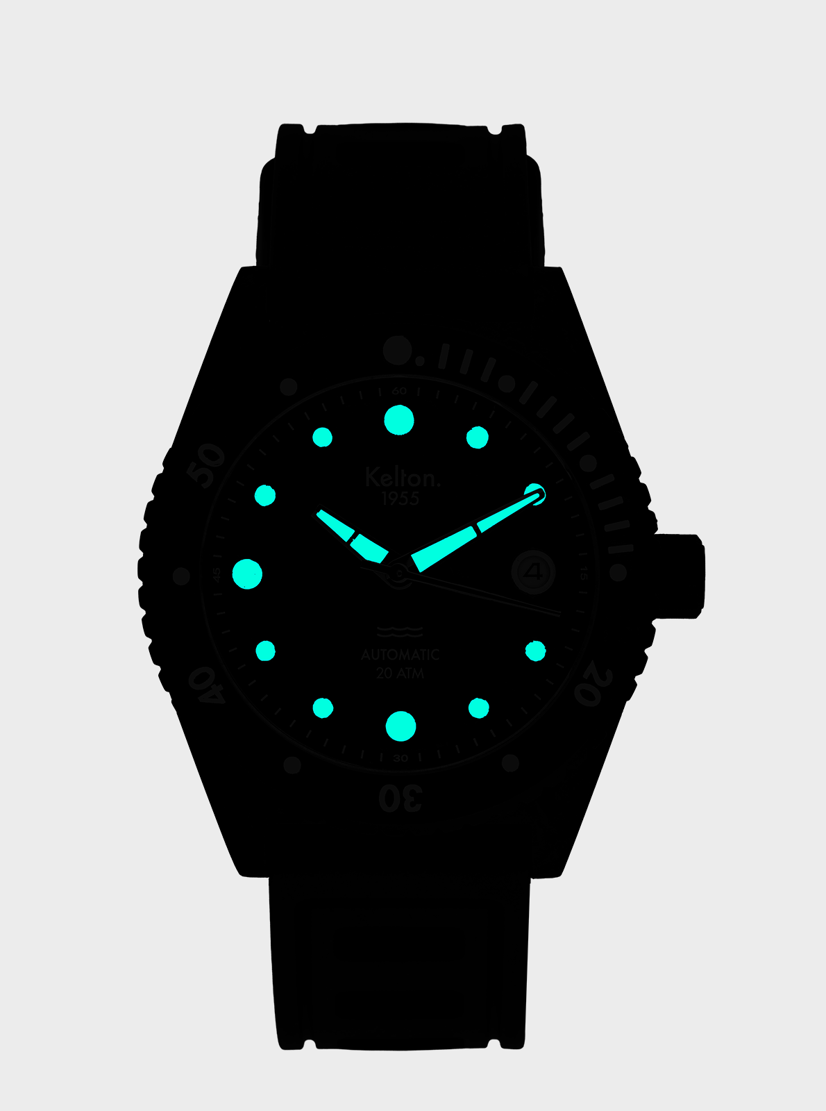 View in the dark of Limited edition 1955 Carbone diving watch - 20 ATM - Isofrane strap