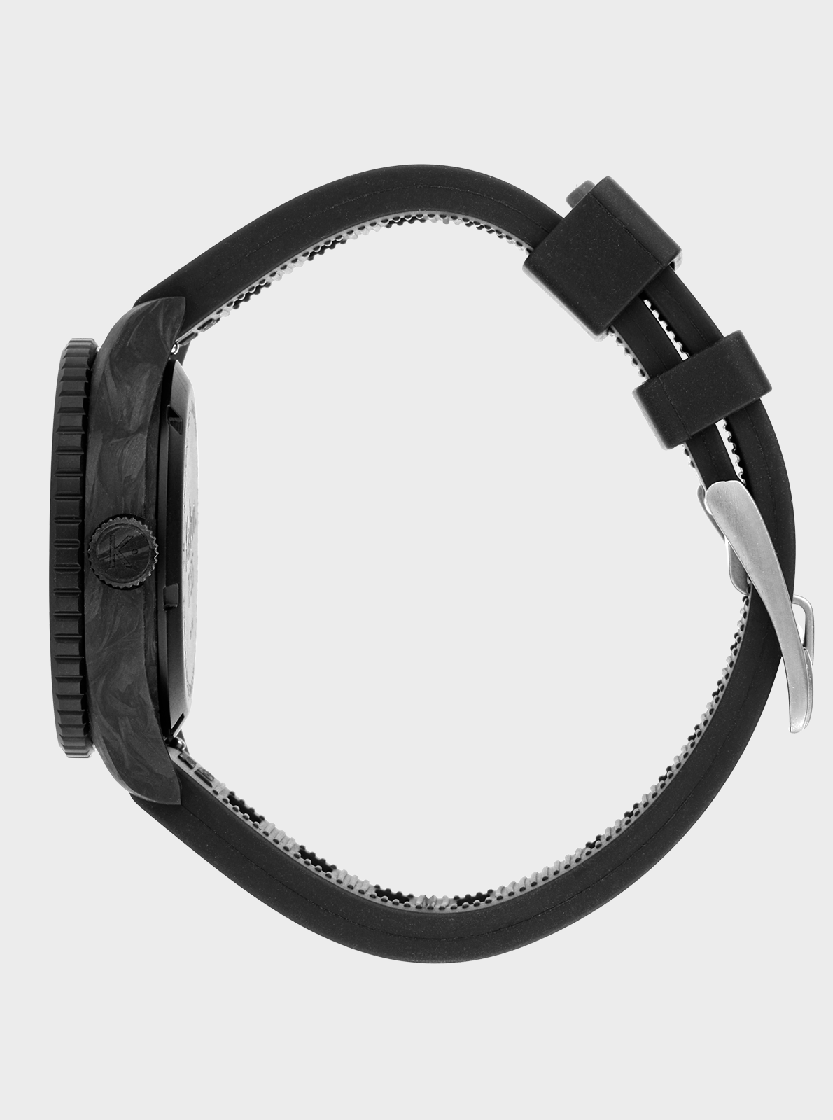 Side profile of Limited edition 1955 Carbone diving watch - 20 ATM - Isofrane strap