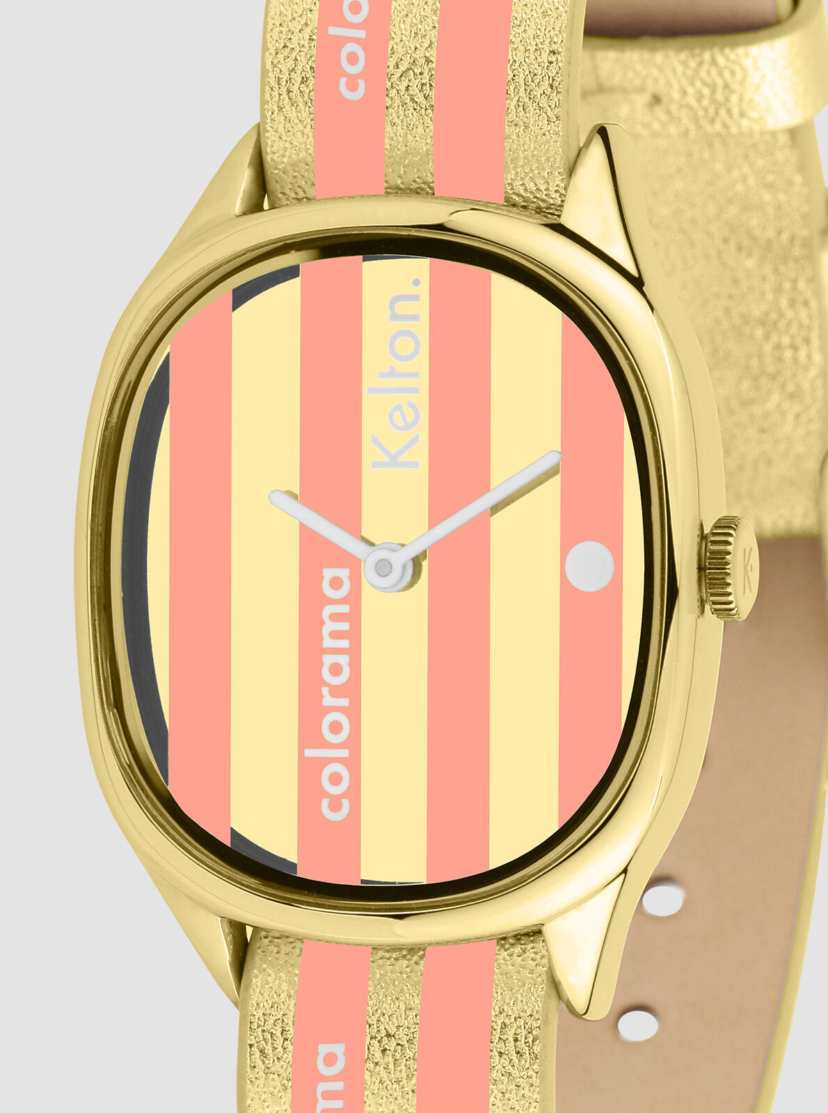 Gros plan cadran Montre Colorama Ray&eacute;e P&ecirc;che &ndash; montre ray&eacute;e orange et or