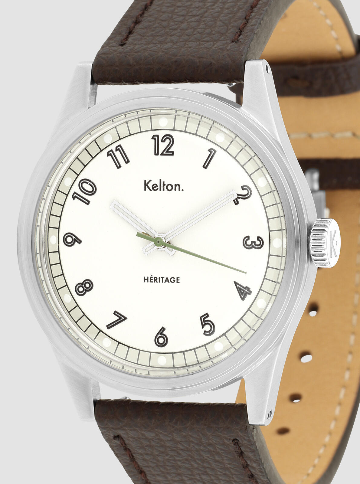 Close-up of Heritage White Epsom brown dial