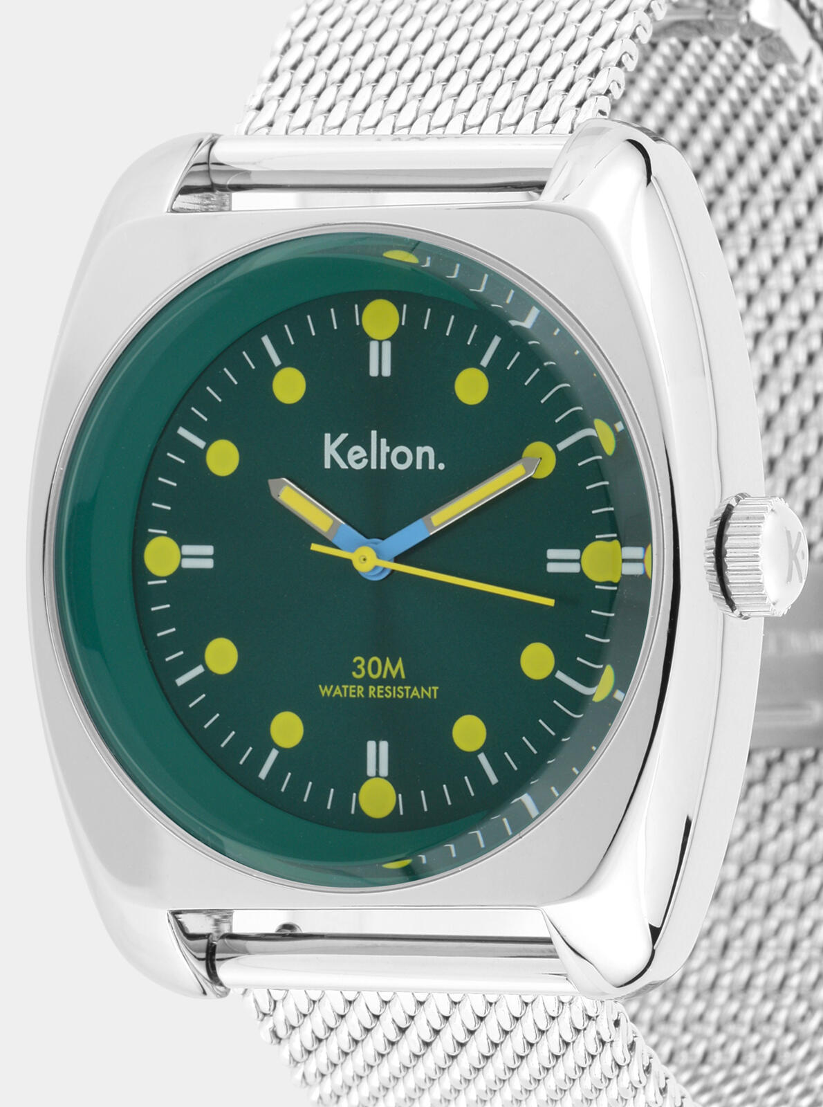 Gros plan cadran Montre RC2 vert-jaune Mesh