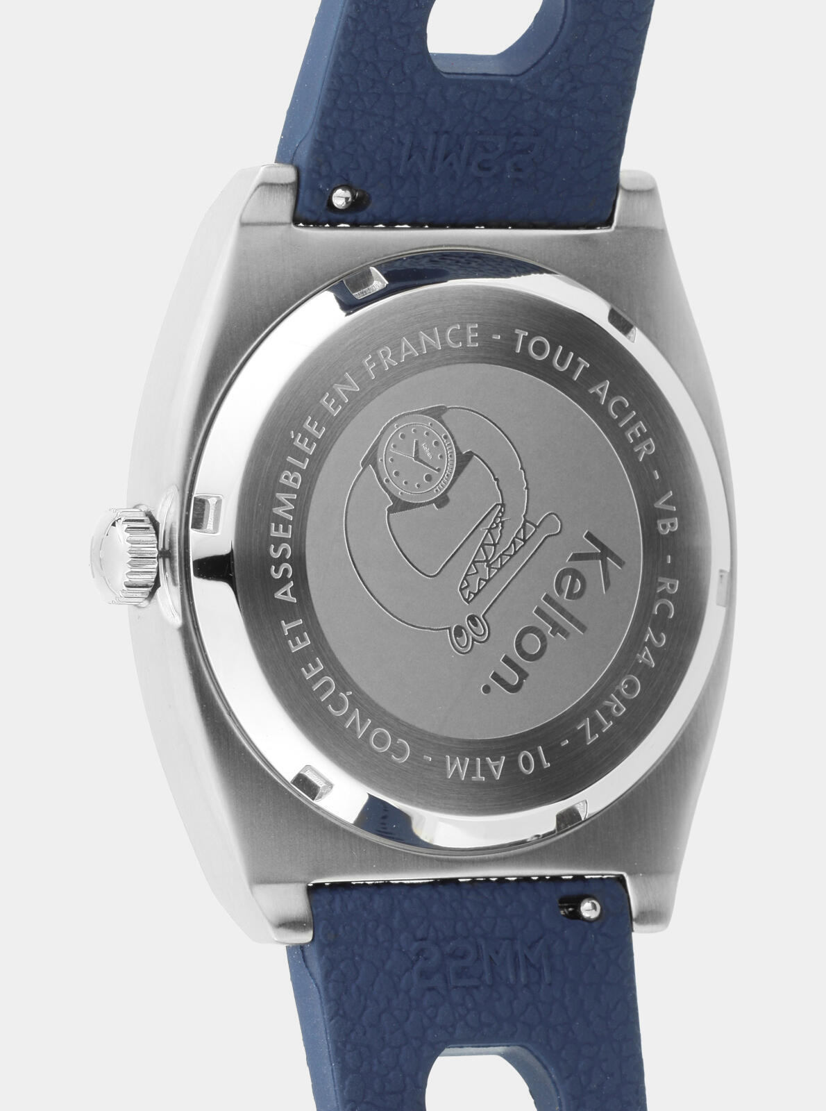 Back view of RC24 Petroleum Quartz blue watch &ndash; blue Tropic Racing strap