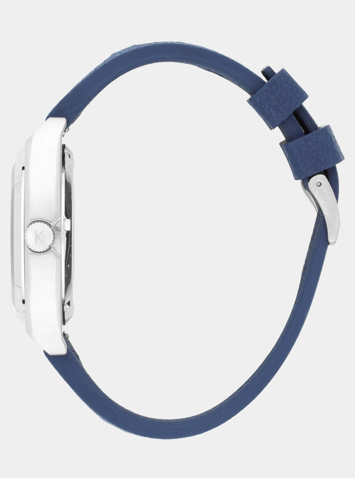 Side profile of RC24 Petroleum Quartz blue watch &ndash; blue Tropic Racing strap