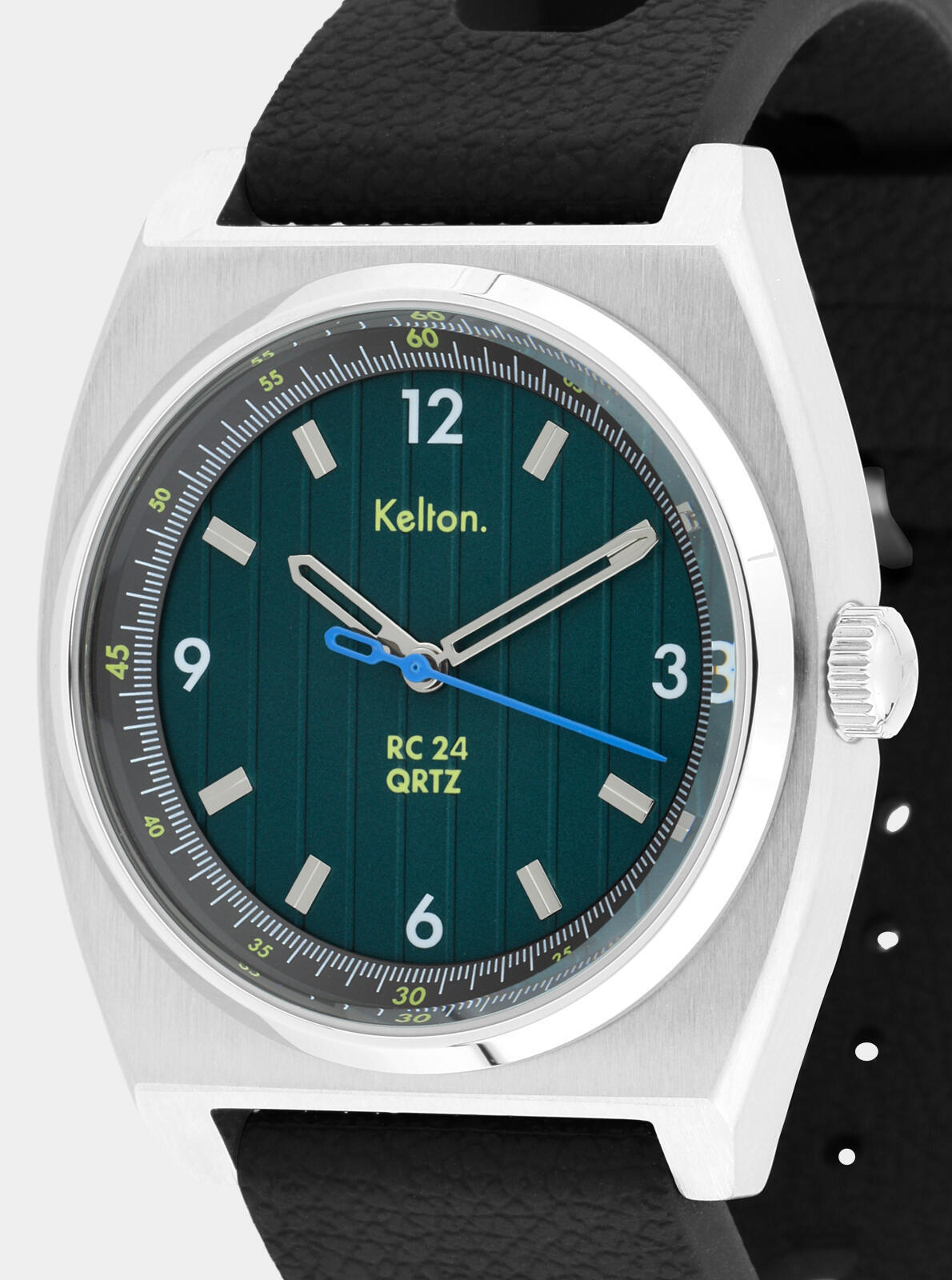 Close-up of RC24 Electric Quartz green dial &ndash; black Tropic Racing strap